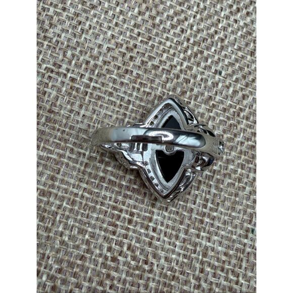 Black Onyx-Style Marquise CZ Halo Ring Sterling Silver Plated Size 6 - Picture 5 of 11